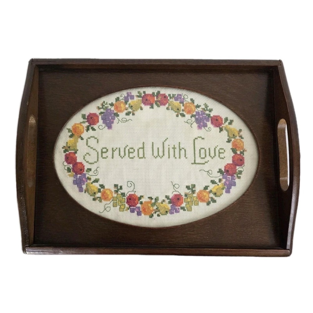 VTG Cross Stitch Wood & Glass Serving Tray Or Wall Hanging "Served With Love"